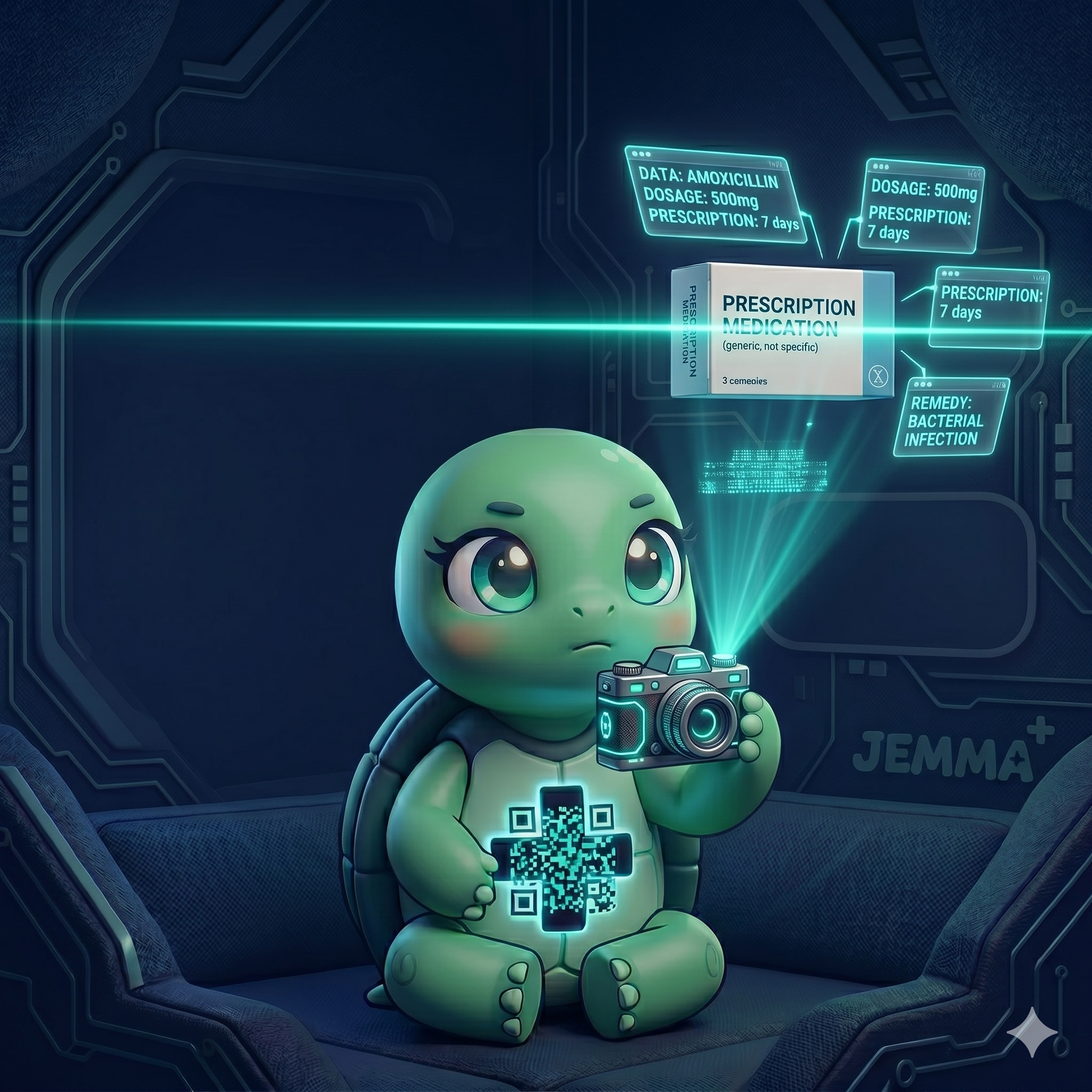 STYLE: Ultra-clean chibi 3D illustration, dark navy bg, camera scan glow (teal laser line). | CHARACTER: Jemma chibi turtle, glowing QR on chest. | SCENE: Jemma holds a tiny camera and scans a floating medication box. A teal OCR scan beam crosses the box, data cards fly out automatically. Expression: focused, efficient. | NEGATIVE: Realistic, human, text overlay, watermark. | --ar 1:1 --v 6.0 --stylize 200
