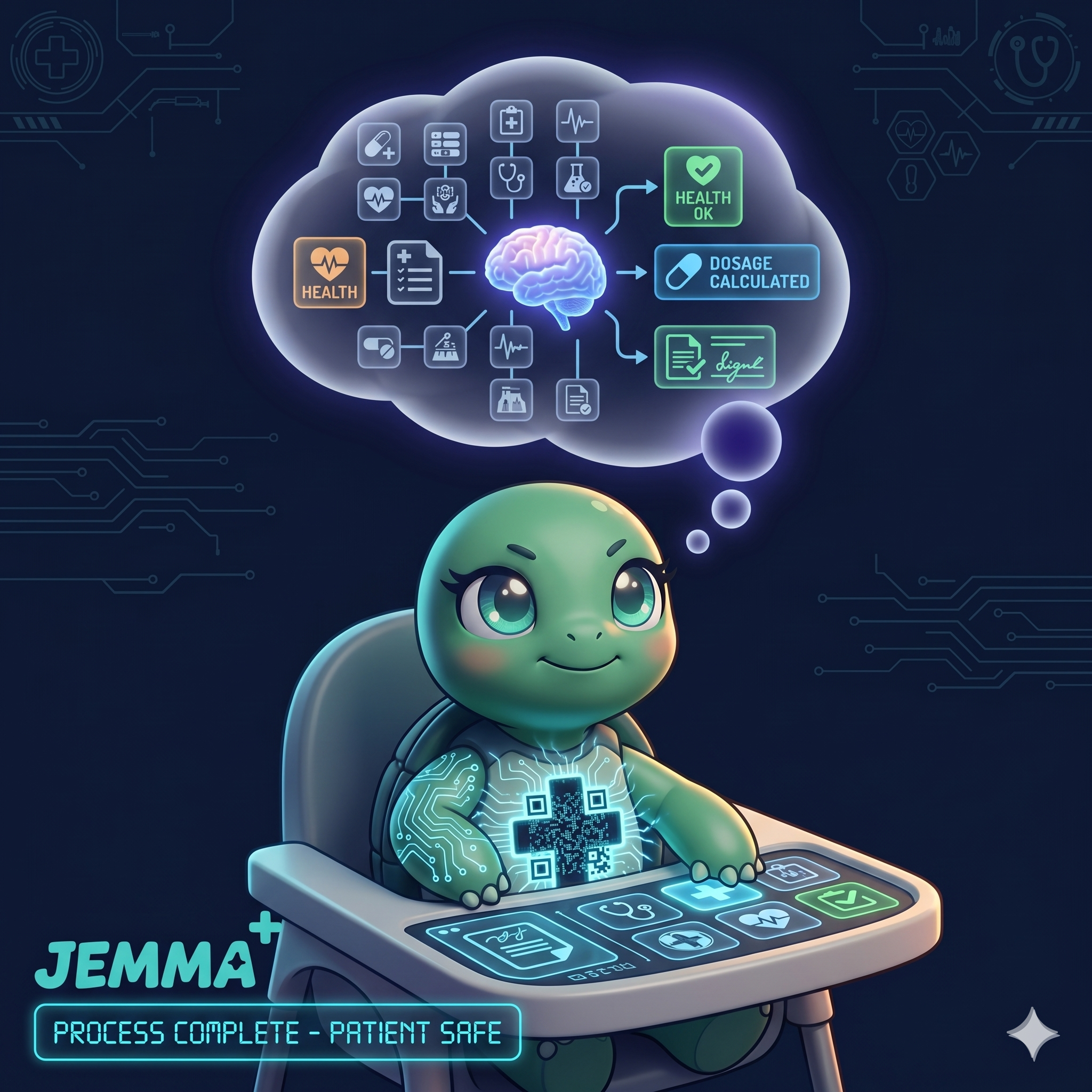 STYLE: Ultra-clean chibi 3D illustration, dark navy bg, thinking brain glow (indigo nodes). | CHARACTER: Jemma chibi turtle, glowing QR on chest. | SCENE: Jemma sits with a tiny glowing thought-bubble above her head showing a medical reasoning chain: pill icon → warning icon → checkmark. Expression: deep focus, thinking mode. | NEGATIVE: Realistic, human, text overlay, watermark. | --ar 1:1 --v 6.0 --stylize 220