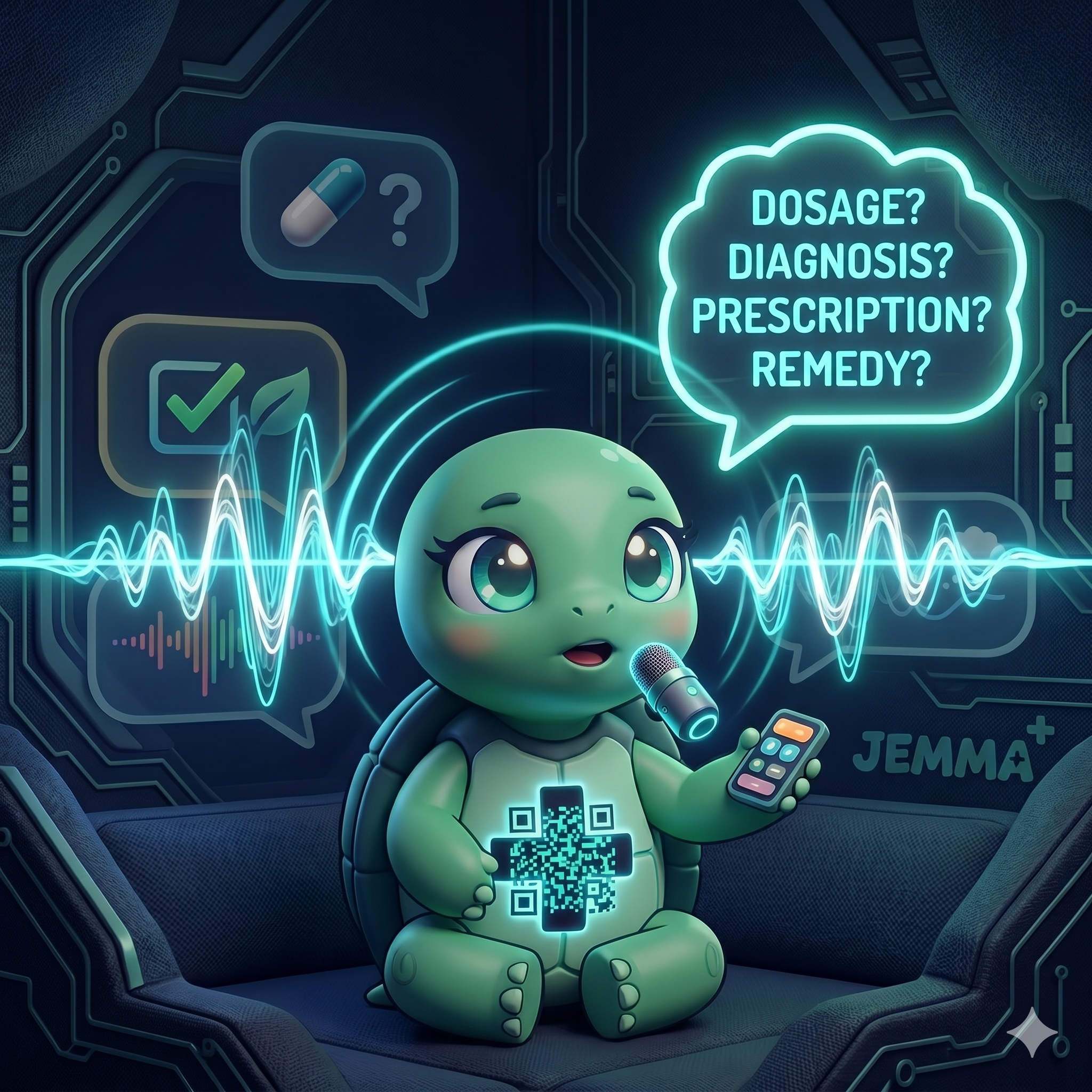 STYLE: Ultra-clean chibi 3D illustration, dark navy bg, electric voice wave glow (teal/white). | CHARACTER: Jemma chibi turtle, glowing QR on chest. | SCENE: Jemma speaks into a floating microphone, sound waves ripple outward in teal, a speech bubble with medical words appears. Expression: friendly communicator. | NEGATIVE: Realistic, human, text overlay, watermark. | --ar 1:1 --v 6.0 --stylize 200