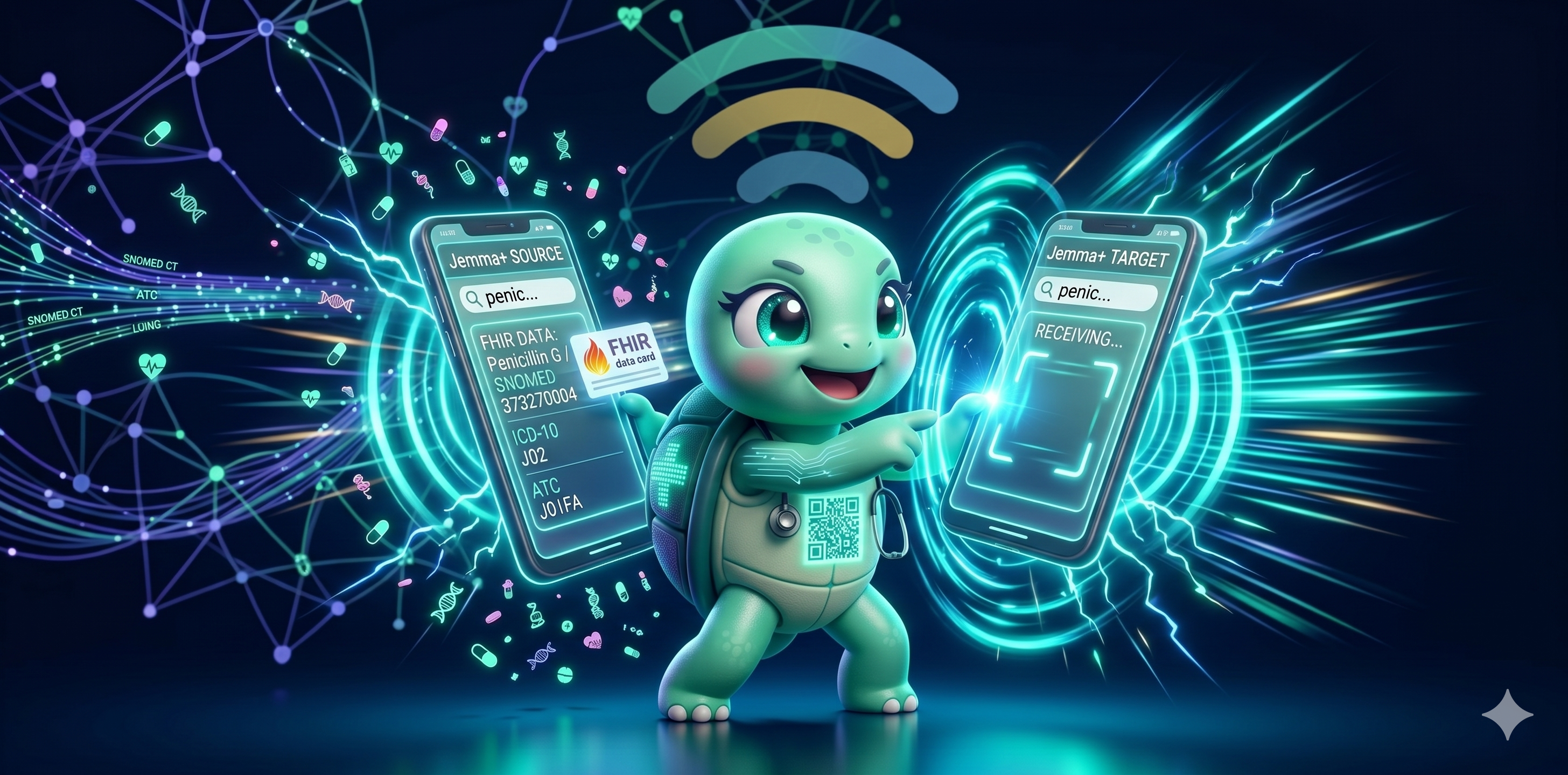 STYLE: Ultra-clean chibi 3D illustration, dark navy bg, electric teal NFC pulse rings radiating from two touching phones, warm glow. | CHARACTER: Jemma chibi turtle, glowing QR on chest. | SCENE: Jemma holds two glowing smartphones together until they touch. A teal NFC pulse ring radiates outward from the contact point. A FHIR data card visibly flies from one phone to the other. Speed and precision. Expression: triumphant efficiency. | NEGATIVE: Realistic, human, text overlay, watermark. | --ar 2:1 --v 6.0 --stylize 230