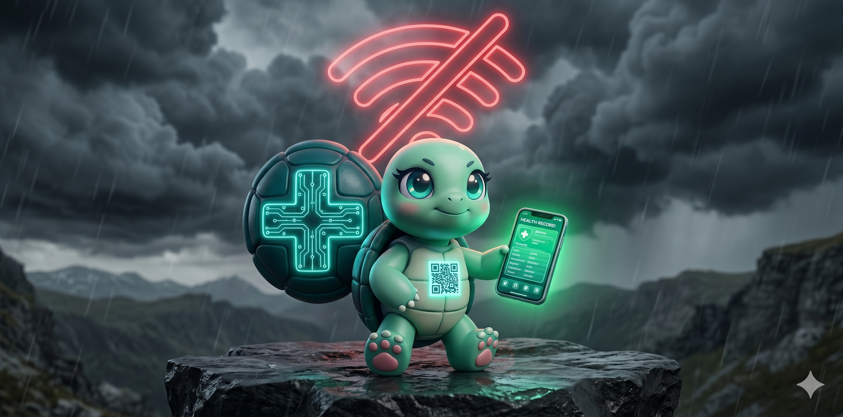 STYLE: Ultra-clean chibi 3D illustration, dramatic cinematic contrast, stormy dark atmosphere, emerald device glow vs grey storm. | CHARACTER: Jemma chibi turtle, mint-green skin (#CCFFCC), large teal sparkly eyes, dark teal shell (#008080) with circuit LED cross on back, small glowing QR code on front chest plastron emitting teal light (#10b981), small paws with pink pads. | SCENE: Jemma stands confidently in stormy outdoor location, front-facing. Behind her: dark storm clouds, red crossed-out WiFi icon floating in air. In her paw: Medical Smartphone glowing bright green with full health record despite no connectivity. Shell cross pulses steadily. Chest QR visible. Expression: determined. | NEGATIVE: Realistic photography, human face, text overlay, watermark, blurry, low quality, flat 2D, adult content, realistic turtle. | --ar 2:1 --v 6.0 --stylize 200