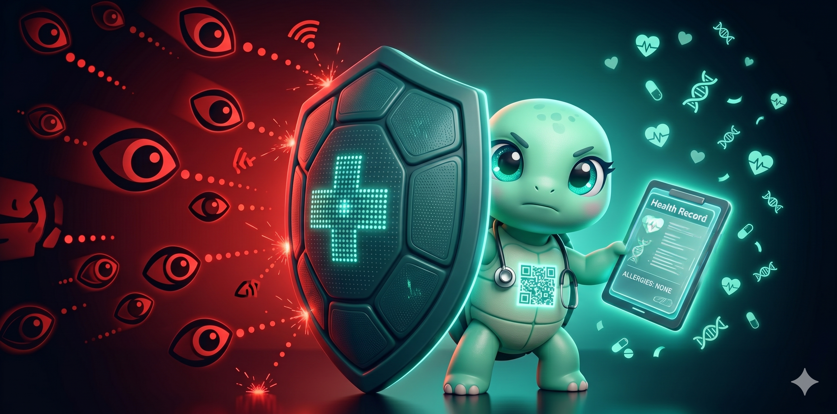 STYLE: Ultra-clean chibi 3D illustration, strong left/right contrast, red threat vs warm teal safety, dark background (#050911). | CHARACTER: Jemma chibi turtle, mint-green skin, large teal sparkly eyes, dark teal shell with LED cross on back, glowing QR code on front chest plastron, small paws. | SCENE: Jemma's shell expanded into a large protective shield. She peeks from behind it, determined. LEFT side: shadowy data-tracker icons (surveillance eyes, red dots) bounce off shield. RIGHT side: her health records glow safely in teal. Chest QR code glows protectively from shield edge. Expression: determined protection. | NEGATIVE: Realistic photography, human face, text overlay, watermark, blurry, low quality, flat 2D, adult content, realistic turtle, graphic violence. | --ar 2:1 --v 6.0 --stylize 200