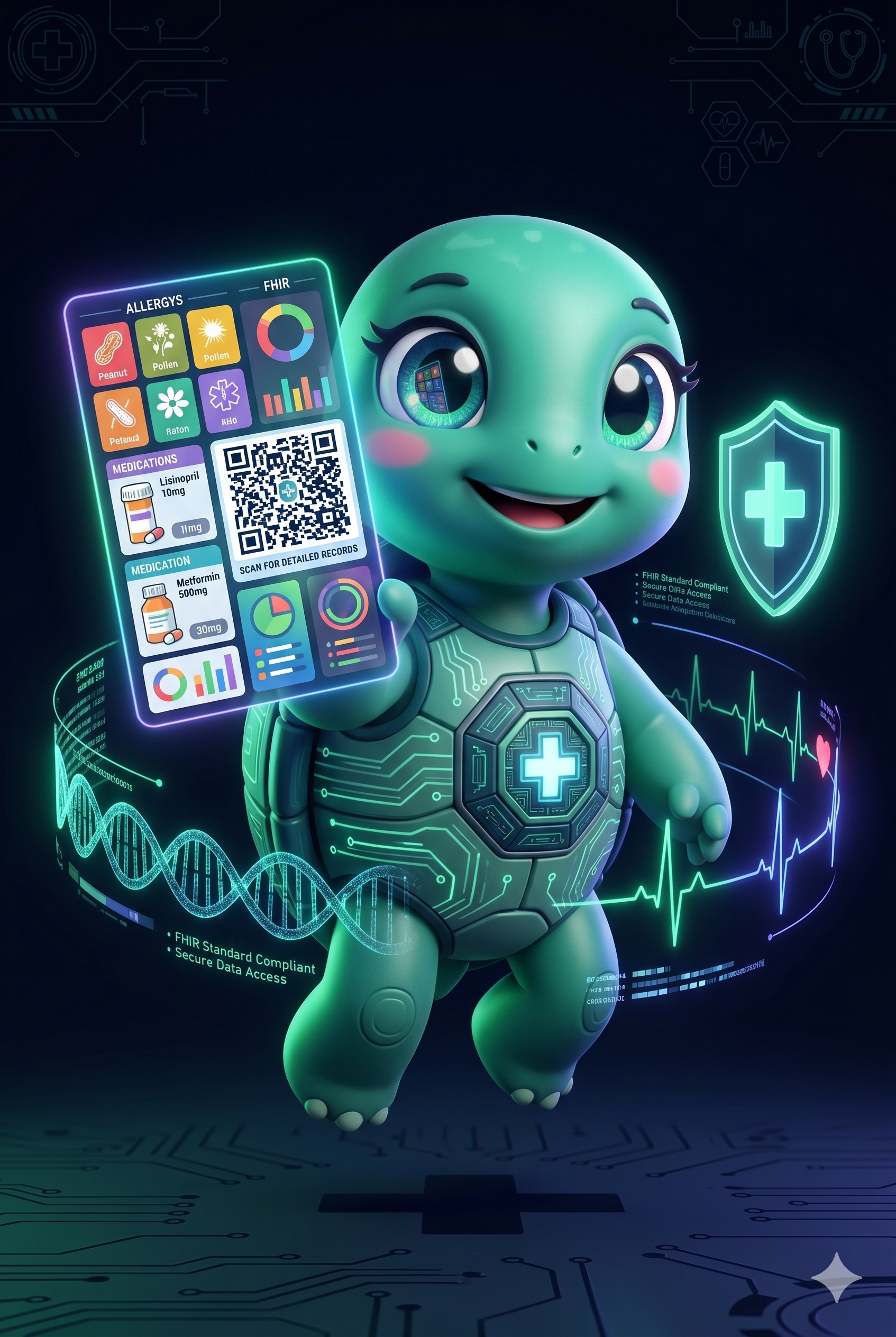 STYLE: Ultra-clean chibi 3D illustration, kawaii mascotte, cinematic lighting, dark navy background (#050911), emerald and indigo glow accents, depth of field, health tech product art. | CHARACTER: Jemma is a chibi-style sea turtle. Round body, mint-green skin (#CCFFCC), rosy cheeks, very large sparkling teal eyes with lashes. Back shell: dark teal (#008080) with circuit board engravings and glowing LED medical cross. Front plastron (chest): a small glowing QR code pattern embedded, emitting soft teal light (#10b981) — her signature, always visible in front poses. Small paws with pink paw pads. Chibi 3D art style, clean outlines, soft cel-shading. | SCENE: Jemma floats slightly above ground in heroic 3/4 front-left pose. Right paw holds a glowing Medical Smartphone showing health passport UI (FHIR cards: allergy badge, medication card, QR). Her chest QR code pulses teal. Shell LED cross glows. Around her orbit: DNA double helix, ECG heartbeat line, shield icon, pill icons. Expression: joyful and confident. Background: dark navy with radial emerald glow. | NEGATIVE: Realistic photography, hyperrealistic, ugly, deformed, extra limbs, human face, text overlay, watermark, blurry, flat 2D cartoon, adult content, realistic turtle. | --ar 4:5 --v 6.0 --stylize 250