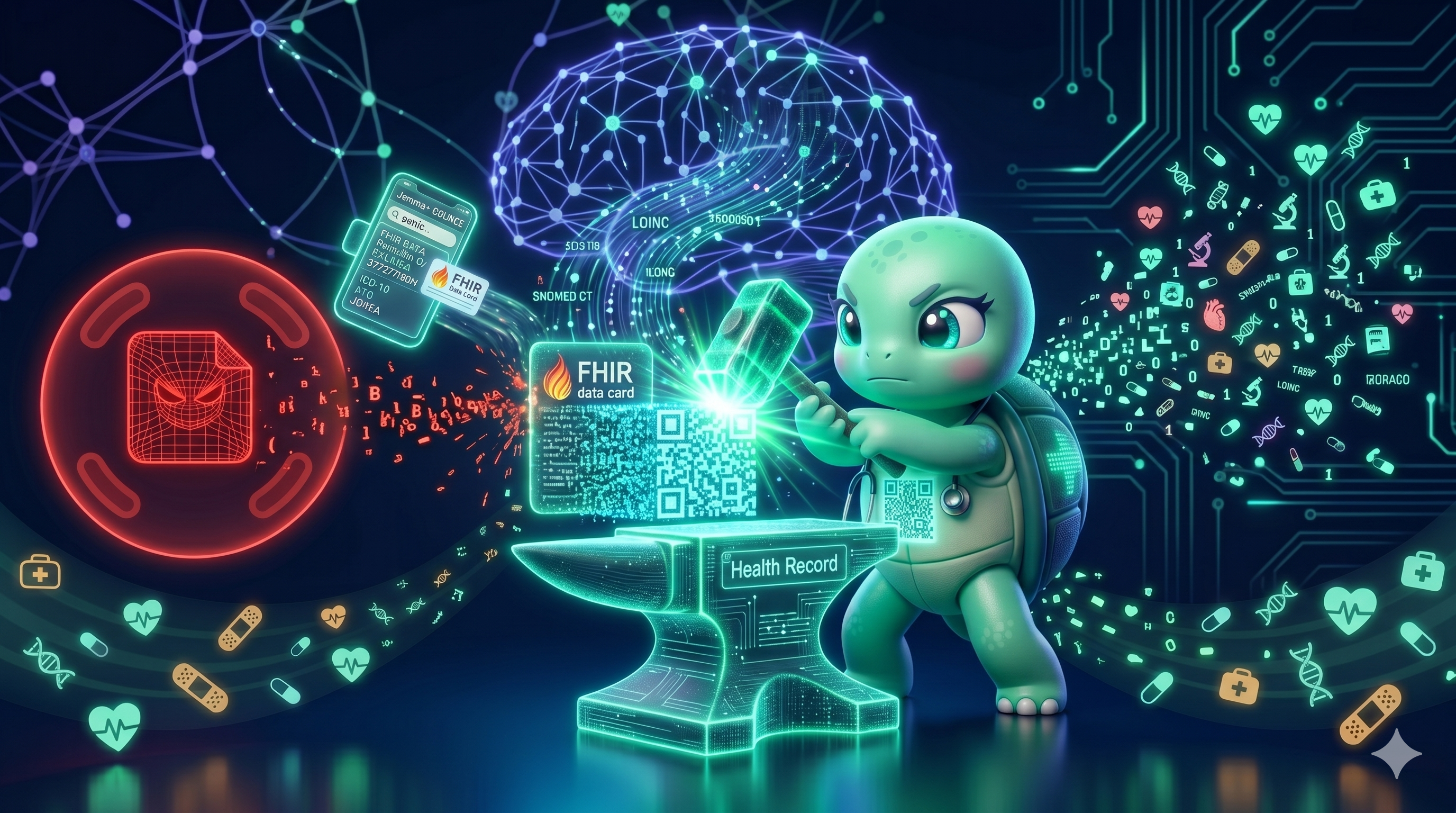 STYLE: Ultra-clean chibi 3D illustration, tight circular 1:1 composition, emerald furnace glow, high-tech sparks, dark navy background. | CHARACTER: Jemma chibi turtle. | SCENE: Jemma stands at a glowing digital anvil. She strikes a heavy FHIR data block with a glowing hammer, causing it to compress into a dense, sparkling teal QR code. Tiny 'raw data' bits fly off (pruning). Expression: master artisan focus. | NEGATIVE: Realistic, human, text, watermark. | --ar 1:1 --v 6.0 --stylize 200