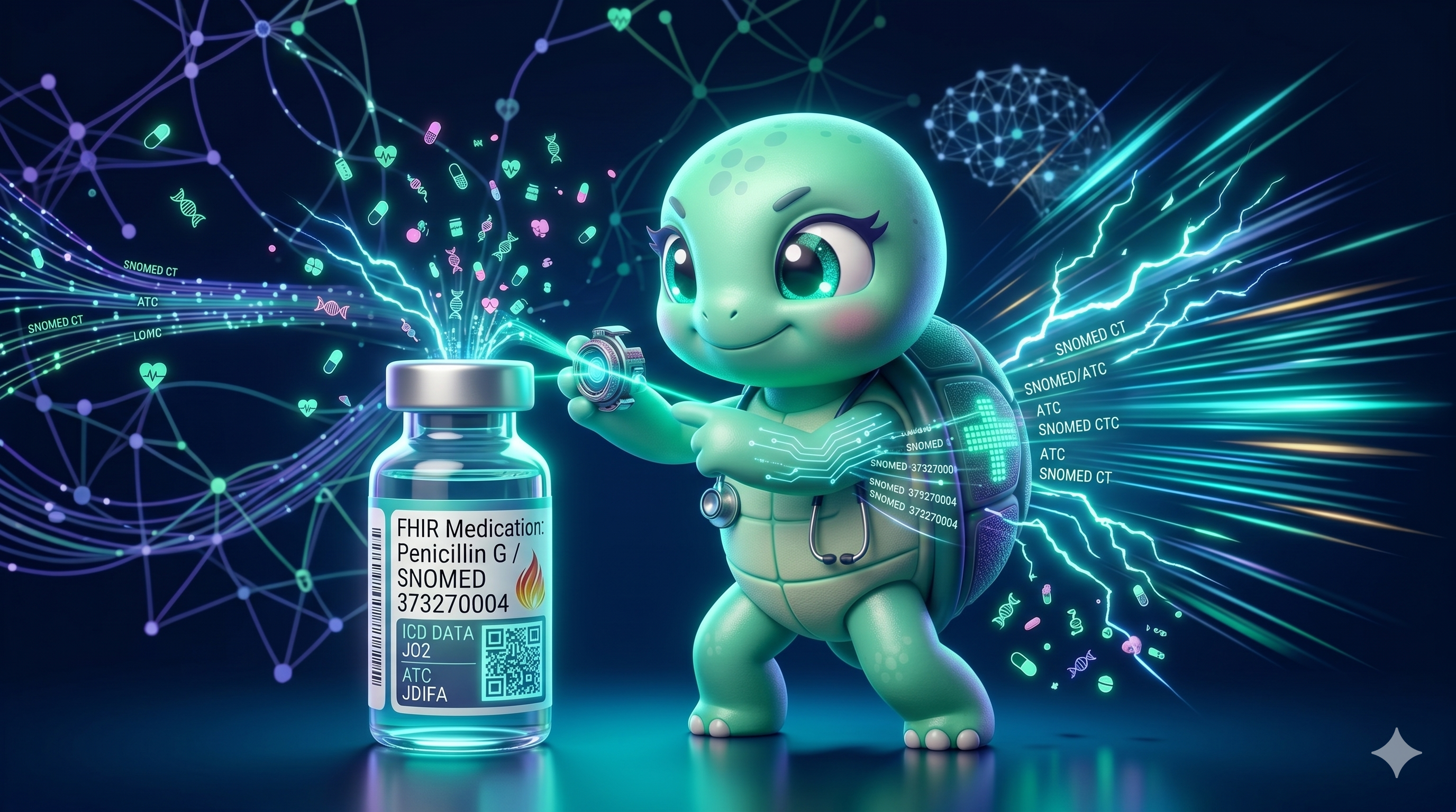 STYLE: Chibi 3D illustration, dark navy bg, teal laser scan line. | CHARACTER: Jemma chibi turtle. | SCENE: Jemma holding a tiny glowing lens over a medication bottle, data stream flowing into her shell. Expression: high-tech precision. | --ar 16:9 --v 6.0