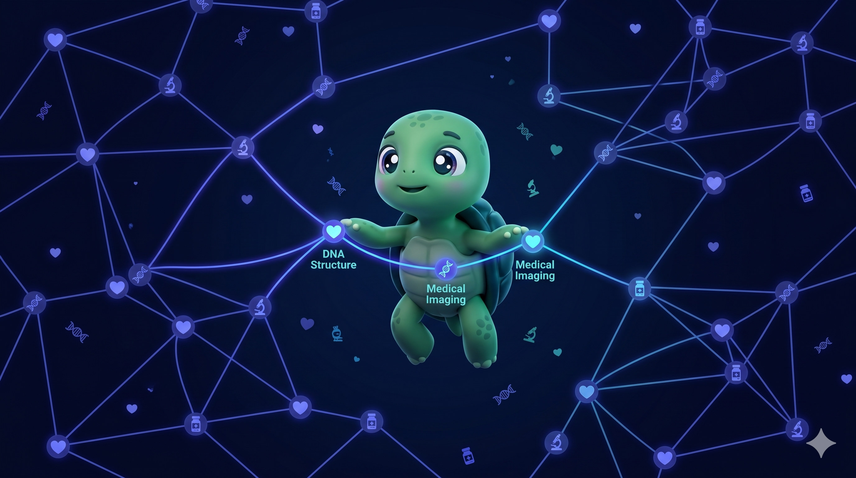 STYLE: Chibi 3D illustration, dark navy bg, indigo node network. | CHARACTER: Jemma chibi turtle. | SCENE: Jemma floating in a network of glowing medical nodes, connecting dots with her paws. Expression: enlightened. | --ar 16:9 --v 6.0