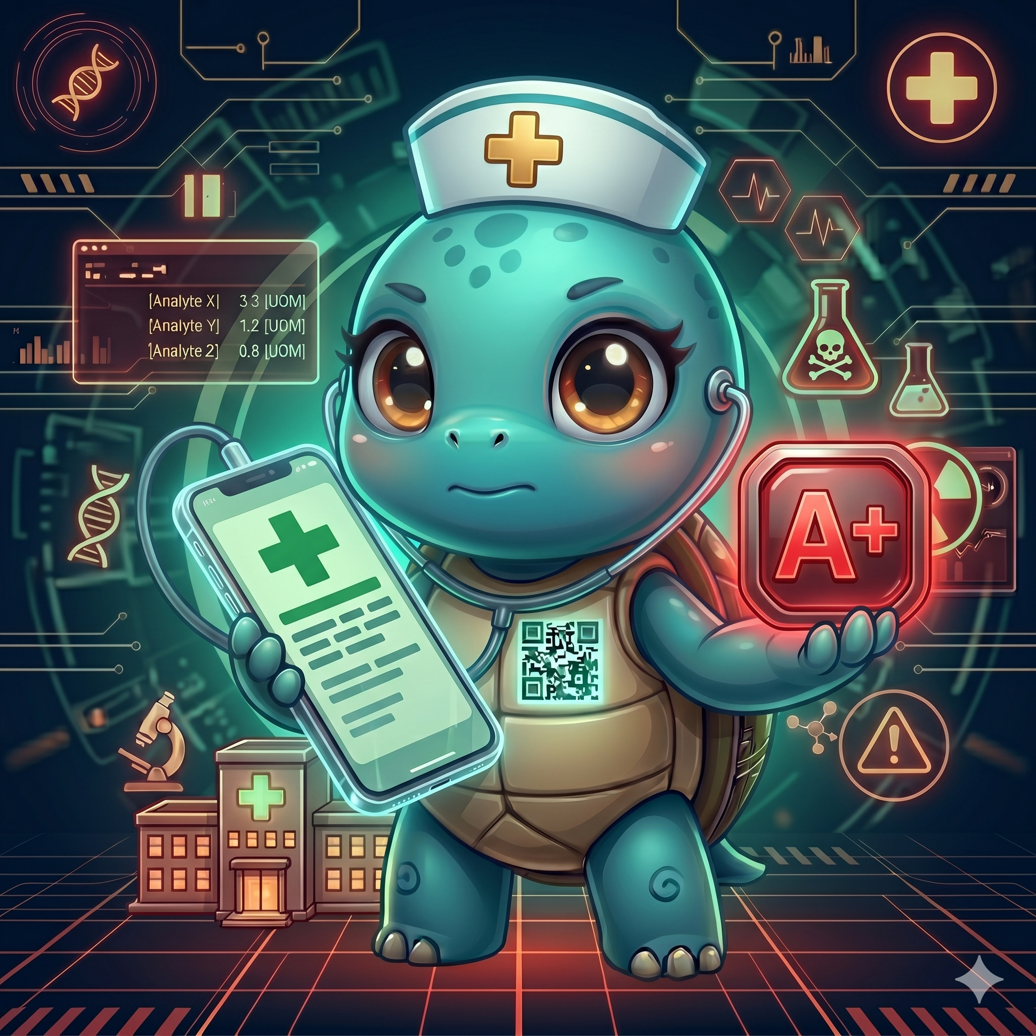 STYLE: Chibi 3D illustration, 1:1 square, dark navy bg, deep red-teal glow. | CHARACTER: Jemma chibi turtle, glowing QR on chest. | SCENE: Jemma stands next to a floating glowing blood type badge showing A+ in red. Expression: calm informative. | NEGATIVE: Realistic, human, text, watermark. | --ar 1:1 --v 6.0 --stylize 130