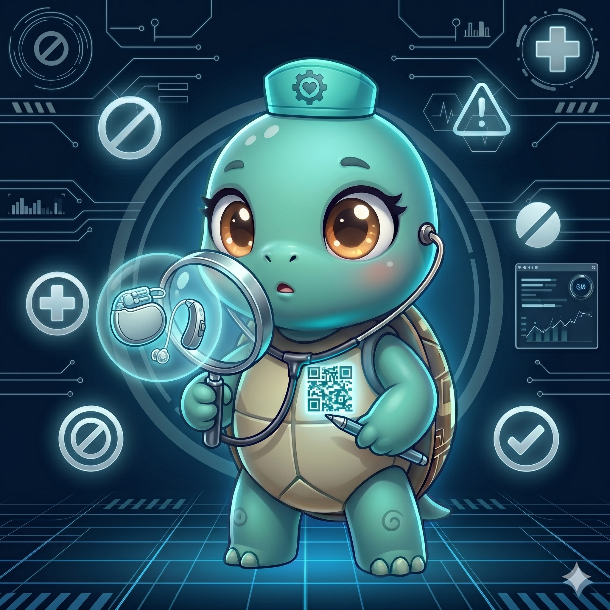 STYLE: Chibi 3D illustration, 1:1 square, dark navy bg, silver-teal glow. | CHARACTER: Jemma chibi turtle, glowing QR on chest. | SCENE: Jemma inspects a floating pacemaker and hearing aid with a magnifying glass. Expression: curious inspector. | NEGATIVE: Realistic, human, text, watermark. | --ar 1:1 --v 6.0 --stylize 130