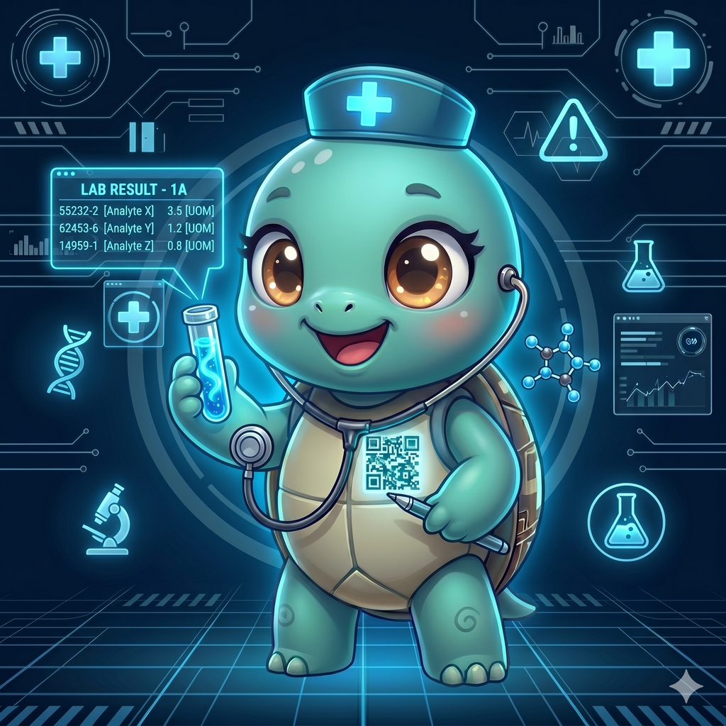 STYLE: Chibi 3D illustration, 1:1 square, dark navy bg, electric blue glow. | CHARACTER: Jemma chibi turtle, glowing QR on chest. | SCENE: Jemma holds a tiny test tube with glowing liquid. A floating lab result with LOINC codes hovers nearby. Expression: excited scientist. | NEGATIVE: Realistic, human, text, watermark. | --ar 1:1 --v 6.0 --stylize 150