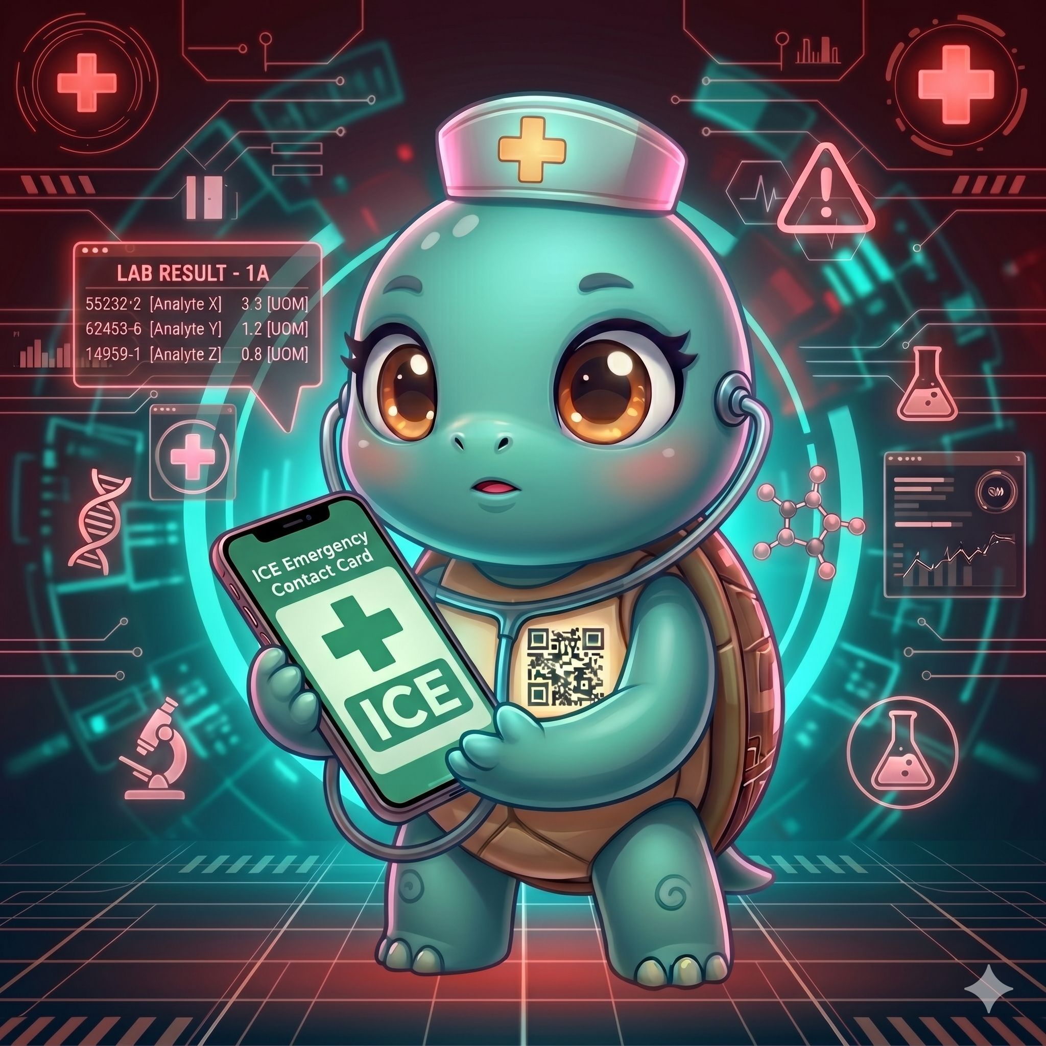 STYLE: Chibi 3D illustration, 1:1 square, dark navy bg, red-teal urgency glow. | CHARACTER: Jemma chibi turtle, glowing QR on chest. | SCENE: Jemma holds a phone showing a green ICE emergency contact card. Expression: alert and ready. | NEGATIVE: Realistic, human, text, watermark. | --ar 1:1 --v 6.0 --stylize 140