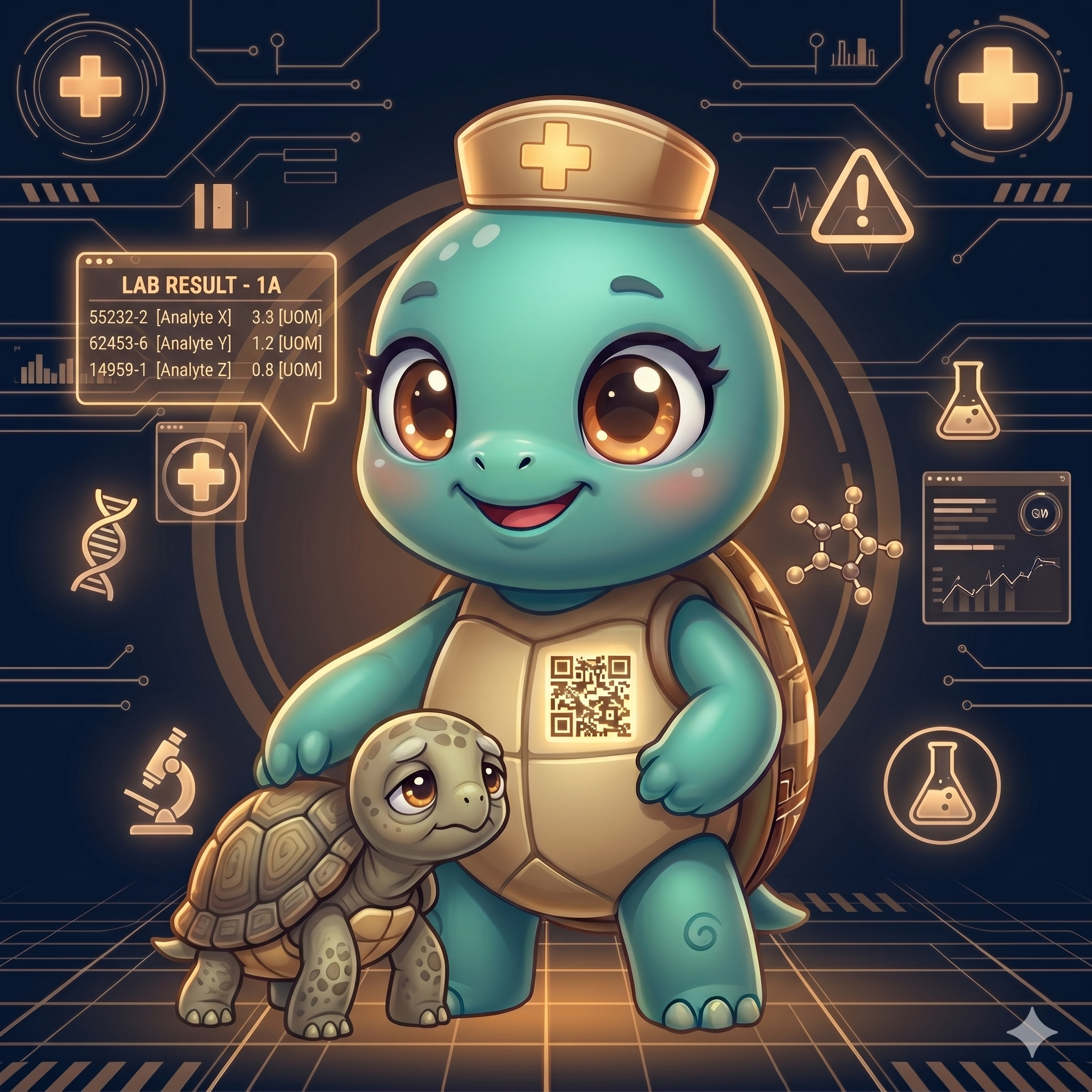 STYLE: Chibi 3D illustration, 1:1 square, dark navy bg, warm amber glow. | CHARACTER: Jemma chibi turtle, glowing QR on chest. | SCENE: Jemma gently supports a tiny elderly turtle walking beside her. Expression: caring warmth. | NEGATIVE: Realistic, human, text, watermark. | --ar 1:1 --v 6.0 --stylize 130