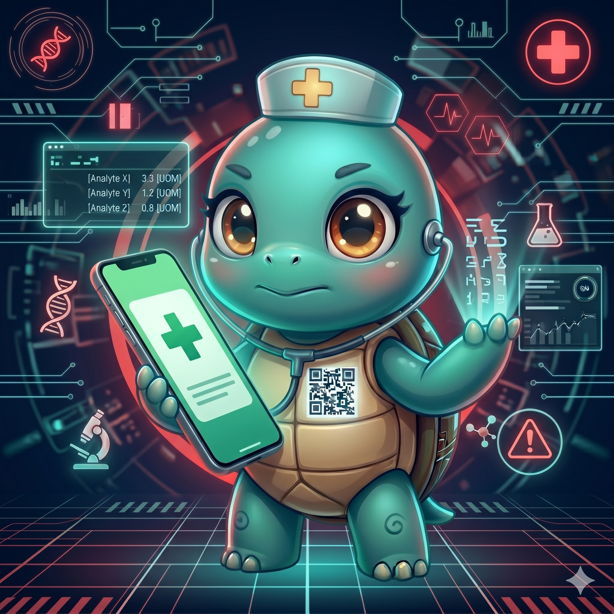 STYLE: Chibi 3D illustration, 1:1 square, dark navy bg, emerald target glow. | CHARACTER: Jemma chibi turtle, glowing QR on chest. | SCENE: Jemma points at a floating dart-board target with glowing health metric values. Expression: motivated determined. | NEGATIVE: Realistic, human, text, watermark. | --ar 1:1 --v 6.0 --stylize 140
