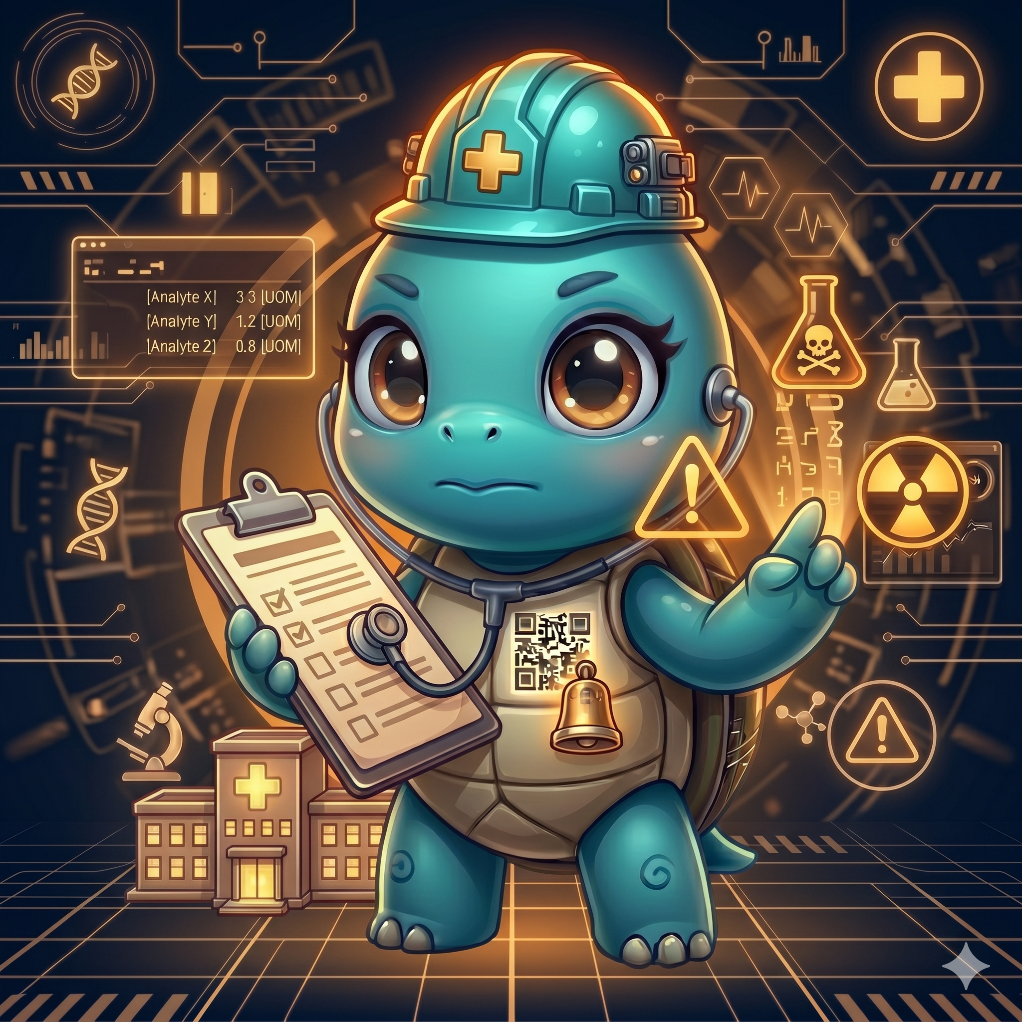 STYLE: Chibi 3D illustration, 1:1 square, dark navy bg, amber industrial glow. | CHARACTER: Jemma chibi turtle, glowing QR on chest, tiny hard hat. | SCENE: Jemma looks cautiously at floating hazard icons (chemical flask, radiation symbol). Expression: cautious awareness. | NEGATIVE: Realistic, human, text, watermark. | --ar 1:1 --v 6.0 --stylize 130