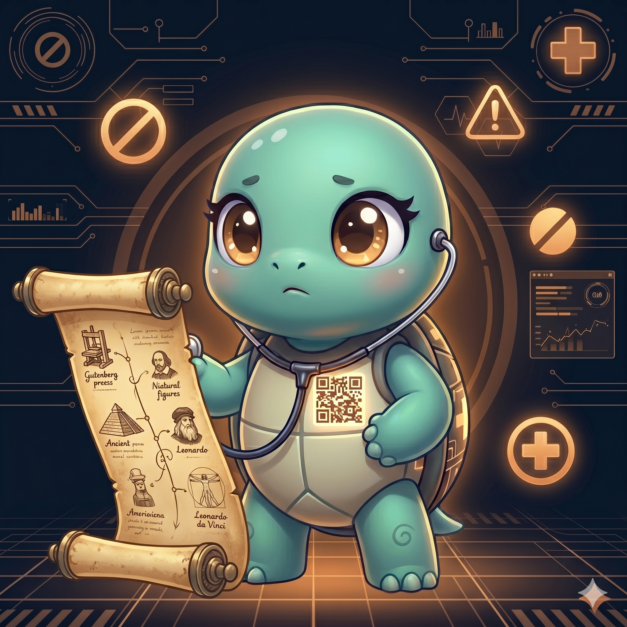STYLE: Chibi 3D illustration, 1:1 square, dark navy bg, warm sepia glow. | CHARACTER: Jemma chibi turtle, glowing QR on chest. | SCENE: Jemma looks at a floating vintage timeline scroll. Expression: reflective. | NEGATIVE: Realistic, human, text, watermark. | --ar 1:1 --v 6.0 --stylize 130