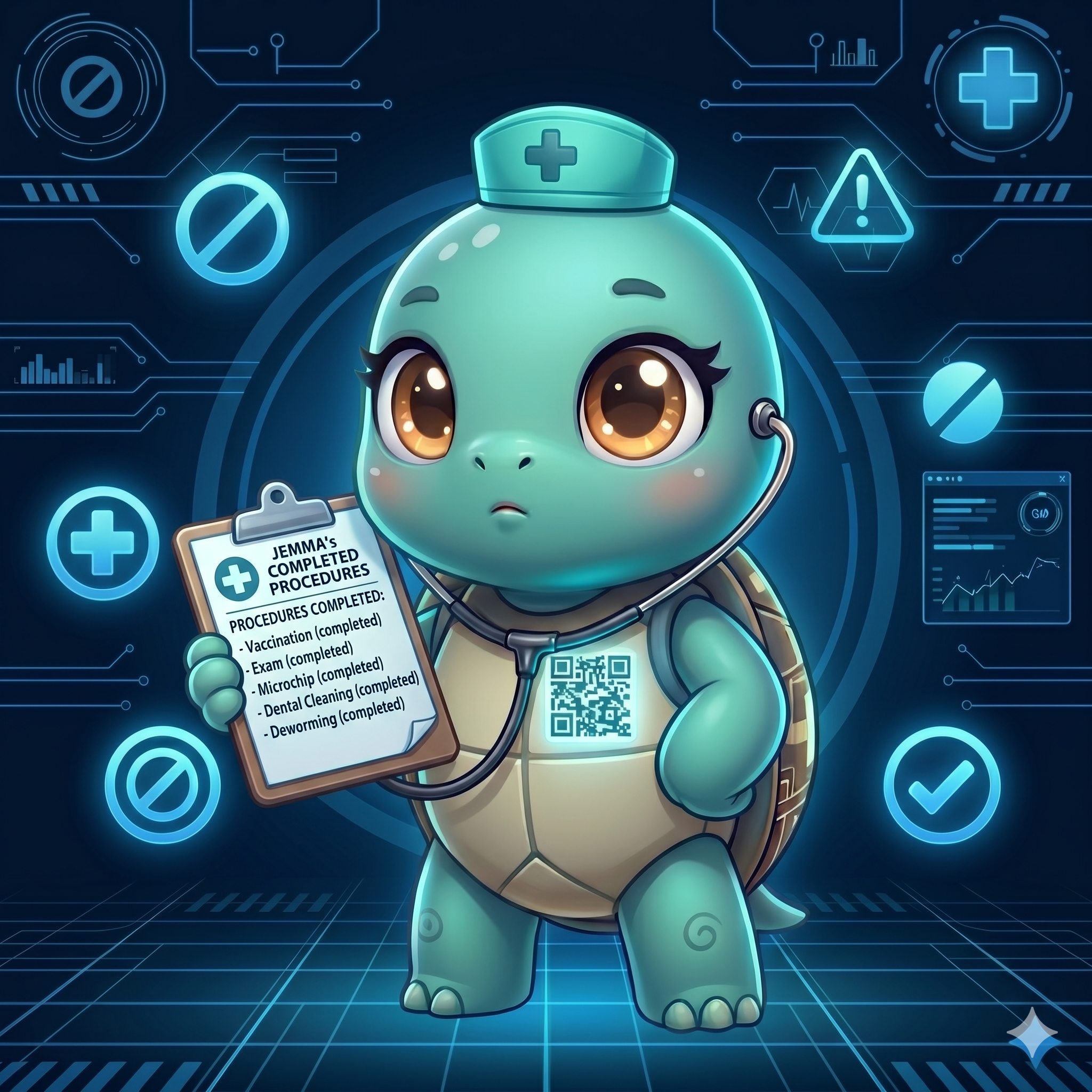 STYLE: Chibi 3D illustration, 1:1 square, dark navy bg, cool blue glow. | CHARACTER: Jemma chibi turtle, glowing QR on chest, tiny surgical cap. | SCENE: Jemma holds a clipboard listing completed procedures. Expression: organized. | NEGATIVE: Realistic, human, blood, text, watermark. | --ar 1:1 --v 6.0 --stylize 130
