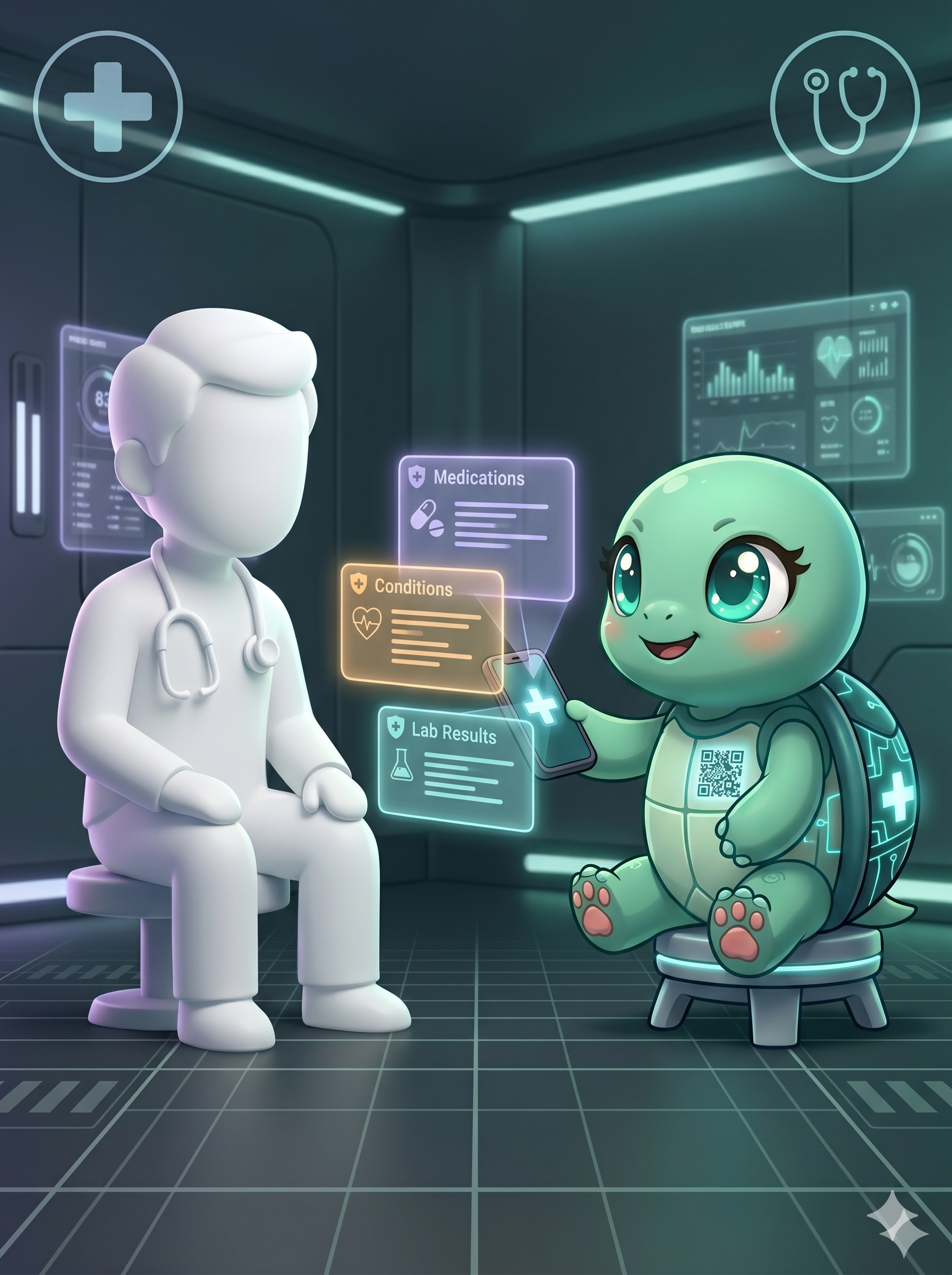 STYLE: Ultra-clean chibi 3D illustration, calm high-tech atmosphere, soft indigo and emerald glow, dark modern clinic aesthetic. | CHARACTER: Jemma chibi turtle, mint-green skin, large teal sparkly eyes, dark teal shell with circuit LED cross on back, small glowing QR code on front chest plastron, small paws with pink pads. | SCENE: Jemma sits across from a doctor (clean white silhouette, stethoscope). She holds the Medical Smartphone toward doctor showing holographic FHIR cards: Medications (indigo), Conditions (amber), Lab Results (teal). Chest QR faces viewer. Expression: confident, attentive. Background: dark modern clinic, holographic data light. | NEGATIVE: Realistic photography, human faces except doctor silhouette, text overlay, watermark, blurry, low quality, flat 2D, adult content. | --ar 5:3 --v 6.0 --stylize 160