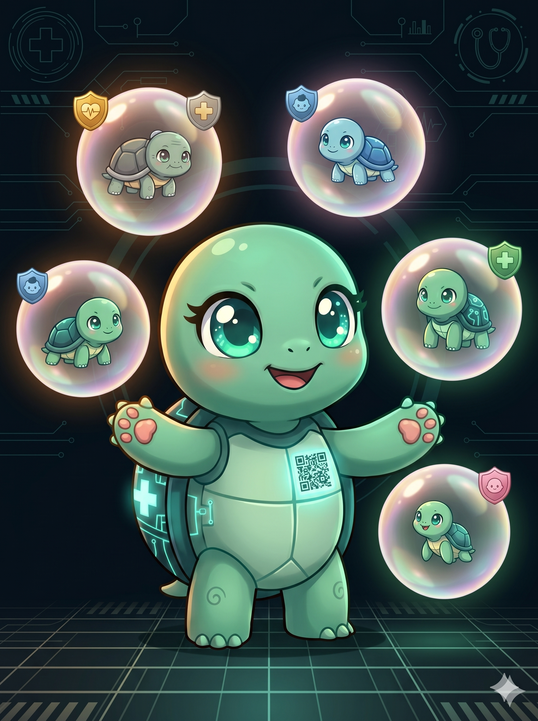 STYLE: Ultra-clean chibi 3D illustration, warm amber and emerald lighting, family portrait composition, dark background (#050911). | CHARACTER: Jemma chibi turtle, mint-green skin, large teal sparkly eyes, dark teal shell with circuit LED cross on back, small glowing QR code on front chest plastron emitting teal light, small paws with pink pads. | SCENE: Jemma center-stage in protective open-arms pose, front-facing. Around her float 4 glowing bubbles with tiny chibi turtle icons: elderly turtle (grey shell), parent, child, baby. Each bubble has a small colored health badge. Jemma chest QR glows warmly. Expression: warm joy. | NEGATIVE: Realistic photography, human faces, text overlay, watermark, blurry, low quality, flat 2D, adult content, scary. | --ar 5:3 --v 6.0 --stylize 180