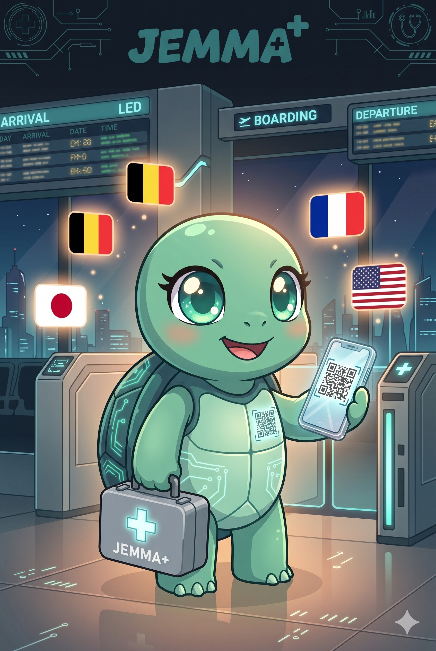 STYLE: Ultra-clean chibi 3D illustration, warm optimistic lighting, dark background with teal accents, health tech aesthetic. | CHARACTER: Jemma chibi turtle, mint-green skin, large teal sparkly eyes, dark teal shell with circuit LED cross on back, small glowing QR code on front chest plastron, small paws with pink pads. | SCENE: Jemma stands joyfully at futuristic airport gate, 3/4 front pose. Right paw: JEMMA+ First Aid Case (small grey suitcase with teal cross). Left paw: Medical Smartphone showing health QR. Around her float holographic flag icons: Belgium, Japan, France, USA. Large airport windows, night skyline behind. Chest QR code visible and glowing. Expression: pure joy. | NEGATIVE: Realistic photography, human face, text overlay, watermark, blurry, low quality, flat 2D cartoon, adult content, realistic turtle. | --ar 5:3 --v 6.0 --stylize 200